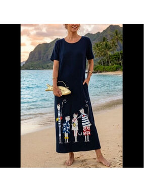 Vintage CITE Cat in Hawaiian Shirt Print Short Sleeve Maxi Dress M Navy Nautical